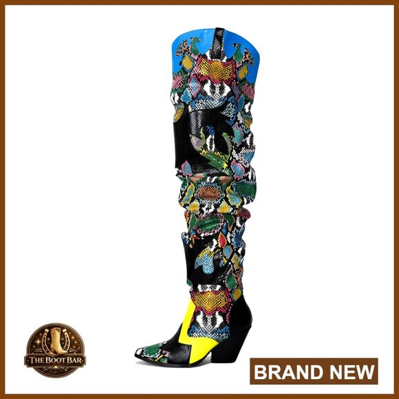 Shoes - Thigh High Cowboy Boots with Chunky Heel - Faux Snakeskin Western Booties